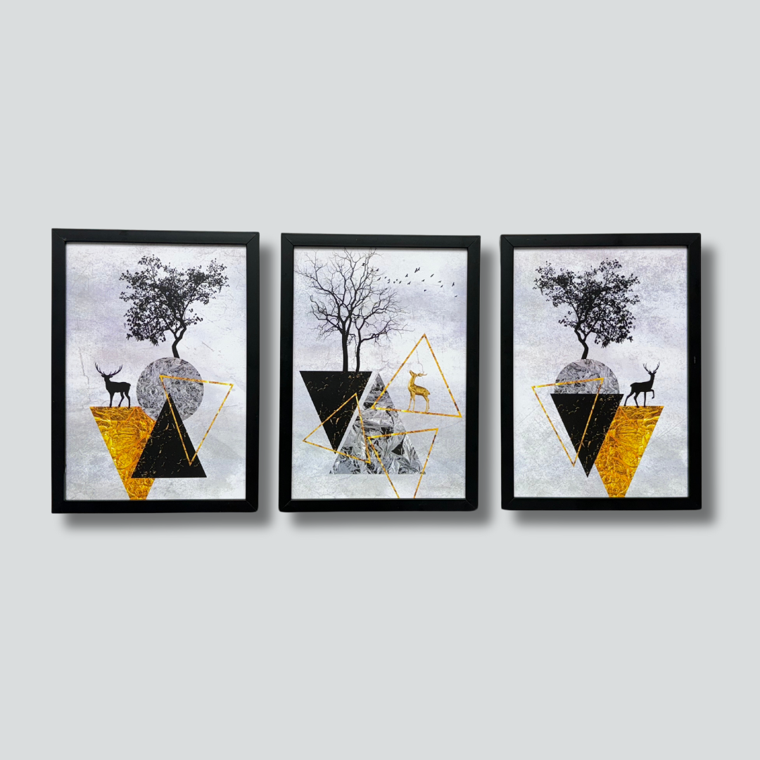 Dev Aastha Colorful Deer Artwork Premium Wooden Wall Frame -Item Set of 3