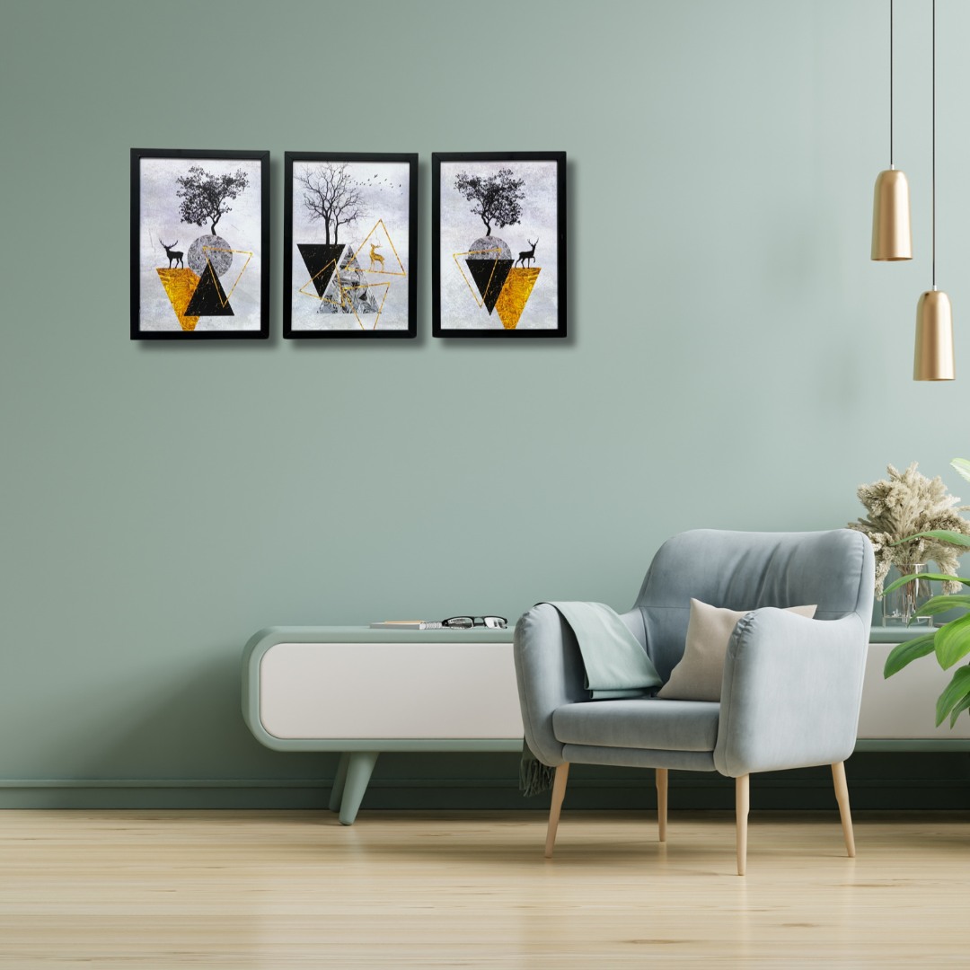 Dev Aastha Colorful Deer Artwork Premium Wooden Wall Frame -Item Set of 3