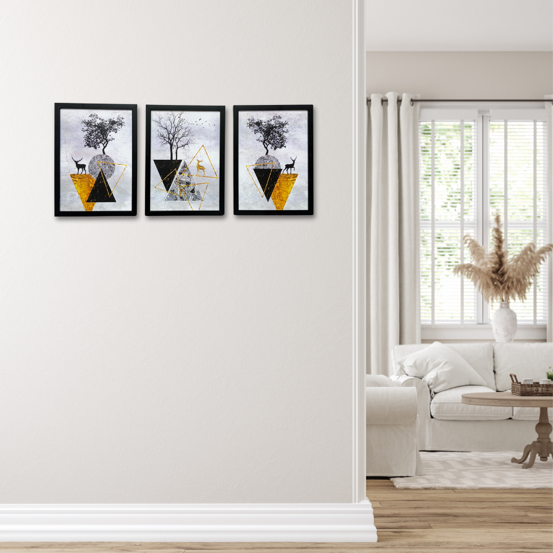 Dev Aastha Colorful Deer Artwork Premium Wooden Wall Frame -Item Set of 3