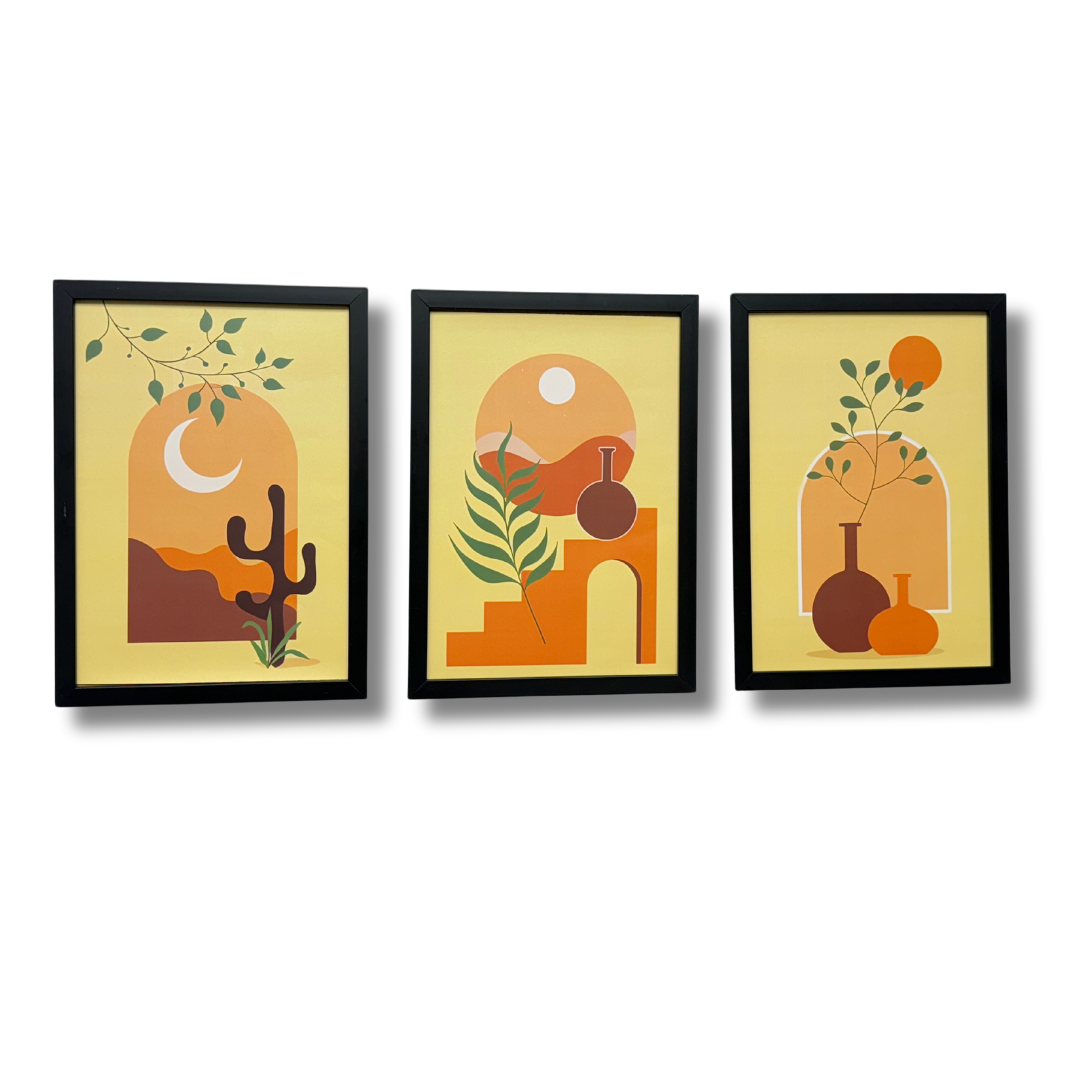 Dev Aastha Boho Wall Art Framed Art Print for Bedroom, Minimalist Office Room Décor - Set Of 3