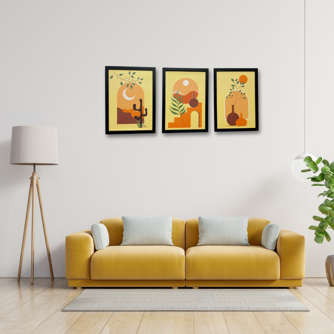 Dev Aastha Boho Wall Art Framed Art Print for Bedroom, Minimalist Office Room Décor - Set Of 3