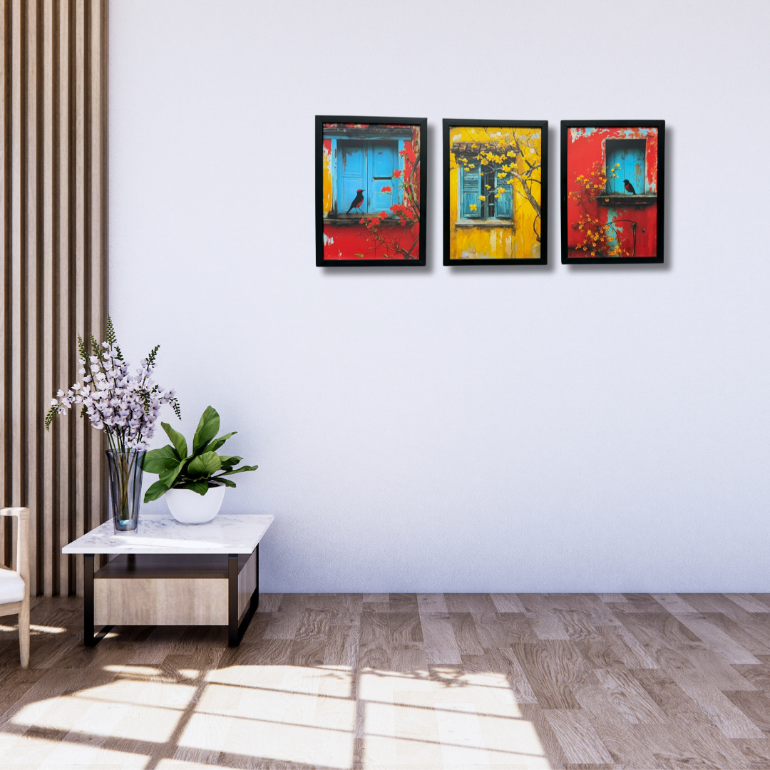 Dev Aastha Colorful Bird Artwork Premium Wooden Wall Frame -Item Set of 3