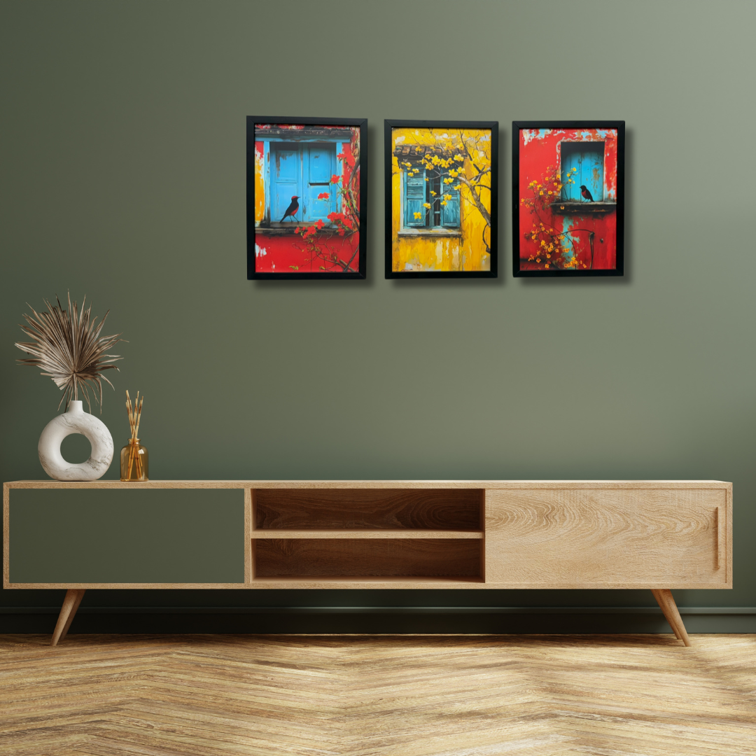 Dev Aastha Colorful Bird Artwork Premium Wooden Wall Frame -Item Set of 3