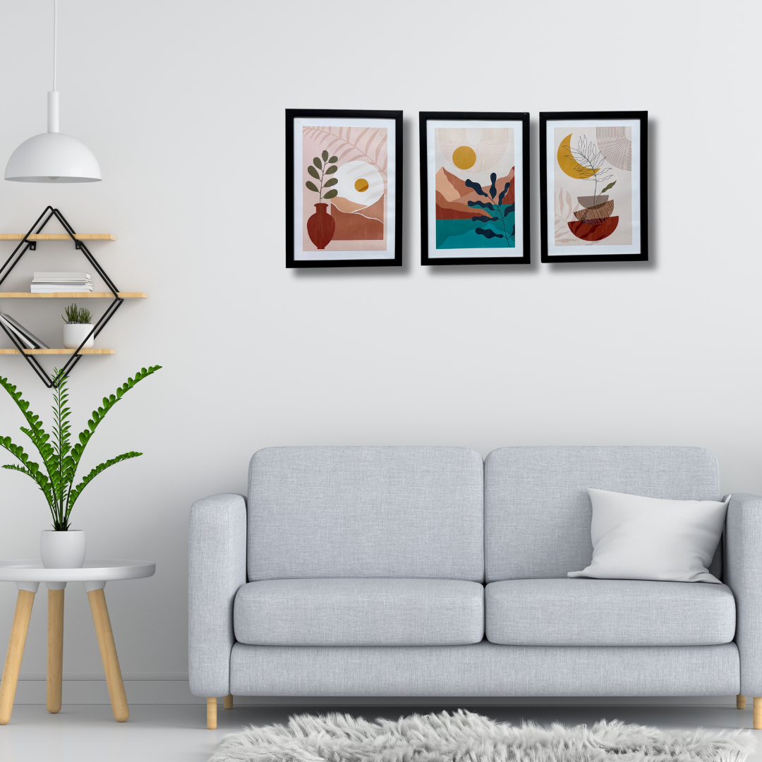 Dev Aastha Boho Art Framed Wall Painting for Living Room Bedroom | Wall Posters/Paintings with Frame | Set of 3