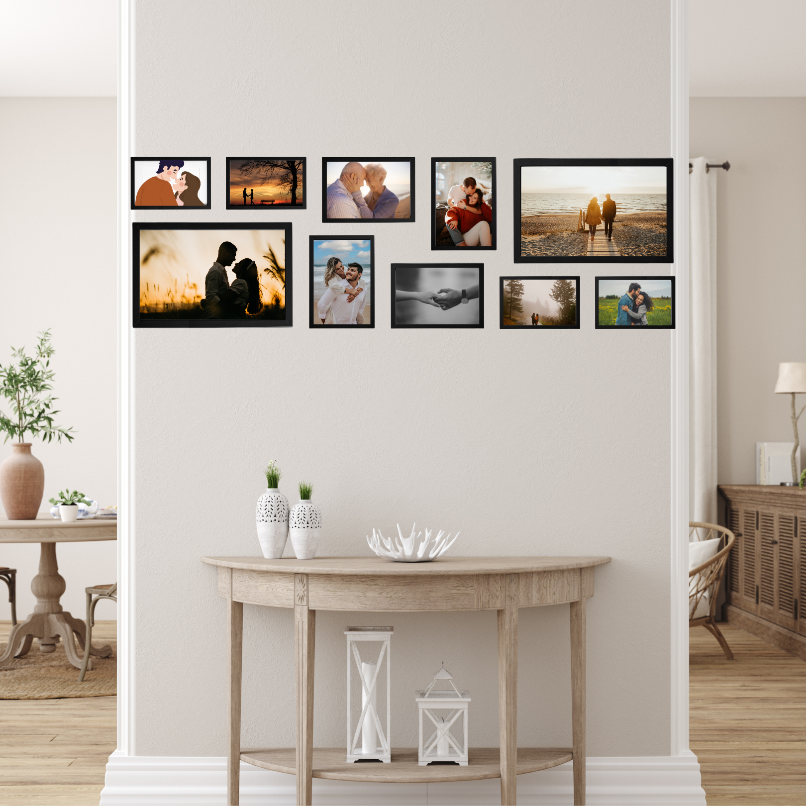 Set of 10 elegant photo frames by Dev Aastha displayed as wall art decor above a console table.