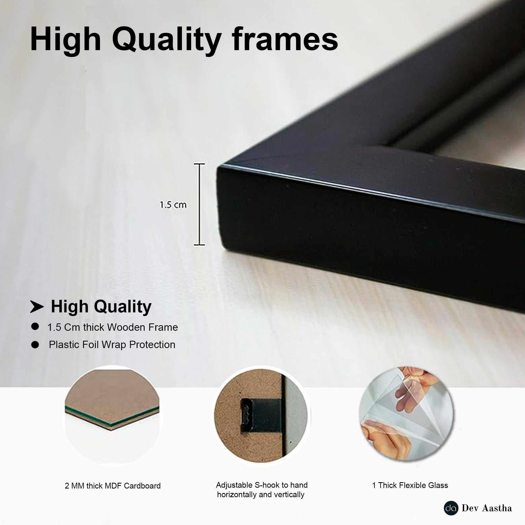 High-quality black photo frame set by Dev Aastha, featuring durable construction and sleek finish, ideal for family photos and gallery wall display.