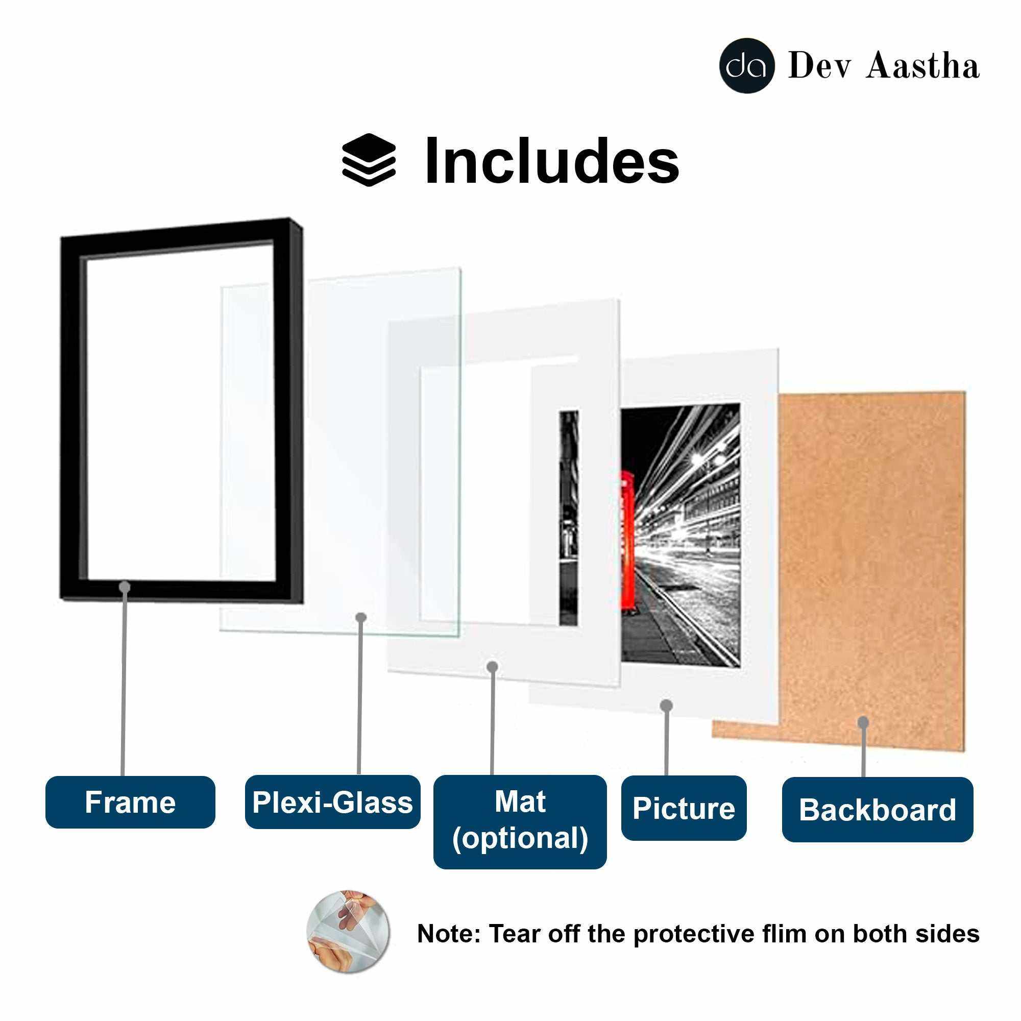 8x10 inch photo frame pack of 4 by Dev Aastha with plexi-glass, mat, and backboard components.
